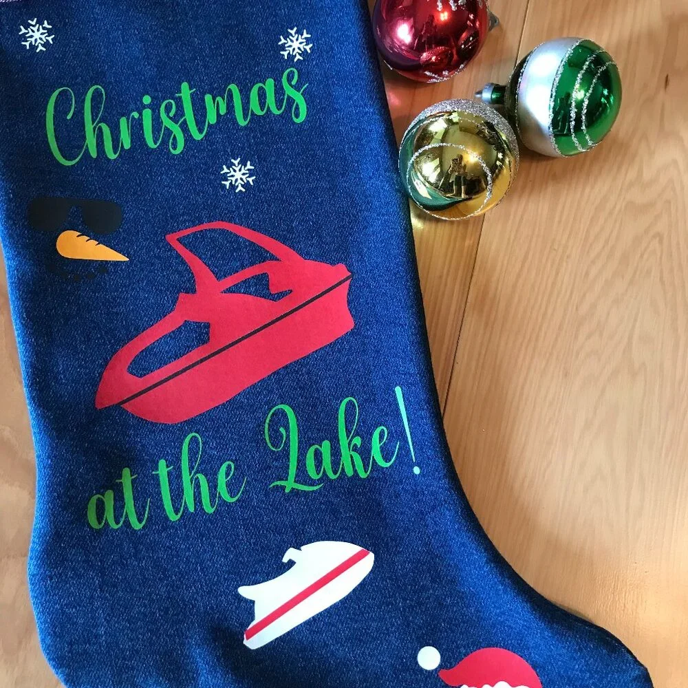 Denim Christmas Stocking Lake House Christmas Decor, Boating Fishing Applique